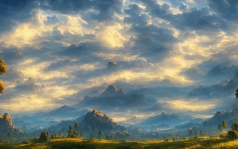 widescreen scenery in sky thunderstorm, mountains, cumulus clouds, sparkle, long shot, elden ring style
