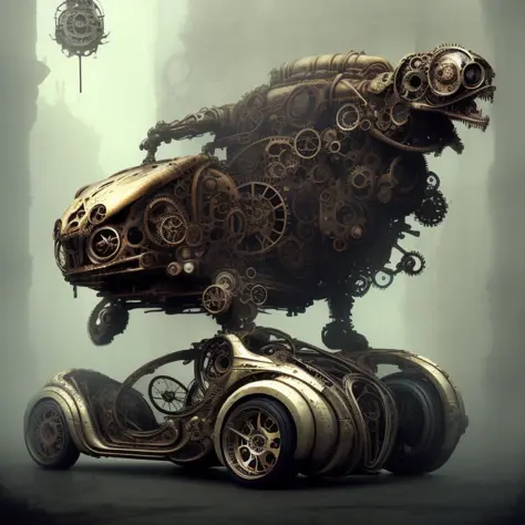 biomechanical steampunk vehicle reminiscent of fast sportscar with robotic parts and (glowing) lights parked in ancient lush palace, gothic and baroque, brutalist architecture, ultradetailed, creepy ambiance, fog, artgerm, giger, Intricate by Ellen Jewett and Josan Gonzalez and Giuseppe Arcimboldo