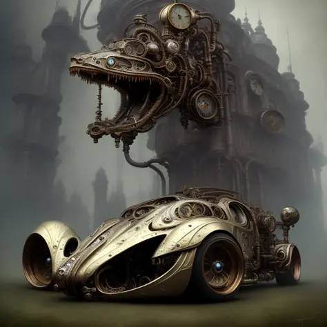 biomechanical steampunk vehicle reminiscent of fast sportscar with robotic parts and (glowing) lights parked in ancient lush palace, gothic and baroque, brutalist architecture, ultradetailed, creepy ambiance, fog, artgerm, giger, Intricate by Ellen Jewett ...