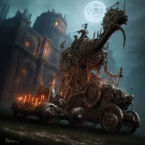 elden ring style biomechanical steampunk vehicle reminiscent of fast sportscar with robotic parts and (glowing) lights parked in ancient lush palace, gothic and baroque, brutalist architecture, ultradetailed, creepy ambiance, fog, artgerm, giger, Intricate...