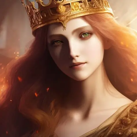 a close up of a woman with a crown on her head, elden ring style, smiling, fire hair, cgsociety contest winner, fantasy art, gold and white eyes, high quality fantasy, sakimi, beautiful androgynous prince