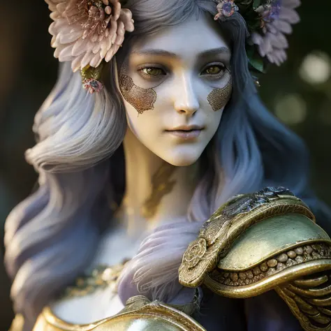 a close up of a woman sitting on a bench in a garden with flowers and a bird in her hand, with a bird in her hand, elden ring style, ((highly detailed face)), cgsociety contest winner, fantasy art, gold and white eyes, high quality fantasy, sakimi, beautif...