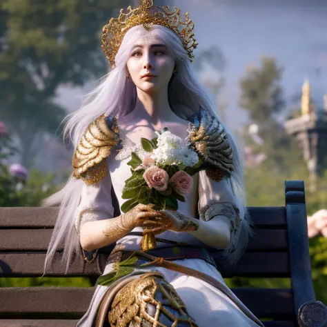 a close up of a woman sitting on a bench in a garden with flowers and a bird in her hand, with a bird in her hand, elden ring style, ((highly detailed face)), cgsociety contest winner, fantasy art, gold and white eyes, high quality fantasy, sakimi, beautif...