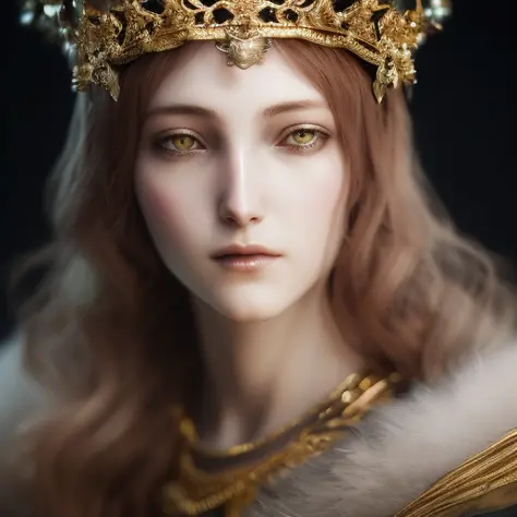 a close up of a woman with a crown on her head, elden ring style, cgsociety contest winner, fantasy art, gold and white eyes, hi...