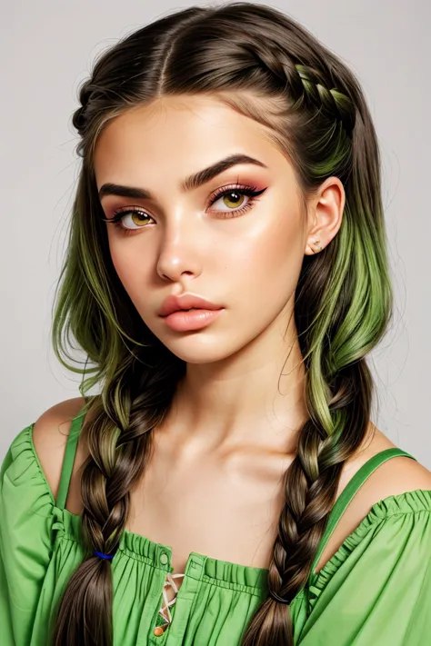 a woman with green hair and a braid in her hair