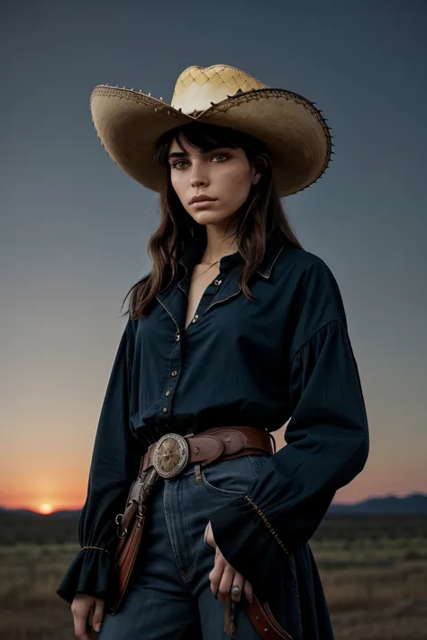 a woman in a cowboy hat and jeans poses for a picture