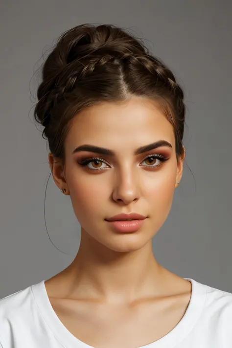 a woman with a messy bun in her hair