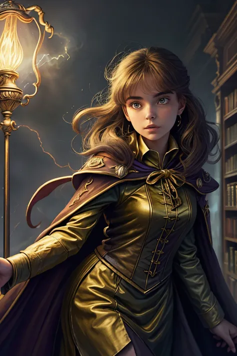 CharlotteDalessio, (style-swirlmagic:1.0), looking down, solo, upper body, detailed background, detailed face, (GasLampFantasyAI theme:1.1), hogwarts student, curious, (hufflepuff uniform:1.1), robe, cape, dynamic pose, casting spell, ball of lightning, library in background, ethereal atmosphere, dim lighting,