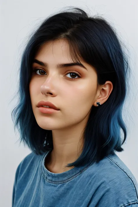 a woman with blue hair and piercings looks off to the side