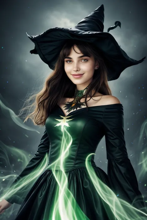 <lora:sd15_CharlotteDalessio_locon_24_v1:.9> CharlotteDalessio, (style-swirlmagic:0.8), portrait, looking at viewer, solo, upper body, detailed background, (high fantasy medieval theme:1.1), light smile, witch hat, witch, magical atmosphere, hair flowing in the wind, green trimmed light colored clothes, dynamic pose, colorful swirling elemental flames in the air, dark magic, floating particles, frozen landscape background,