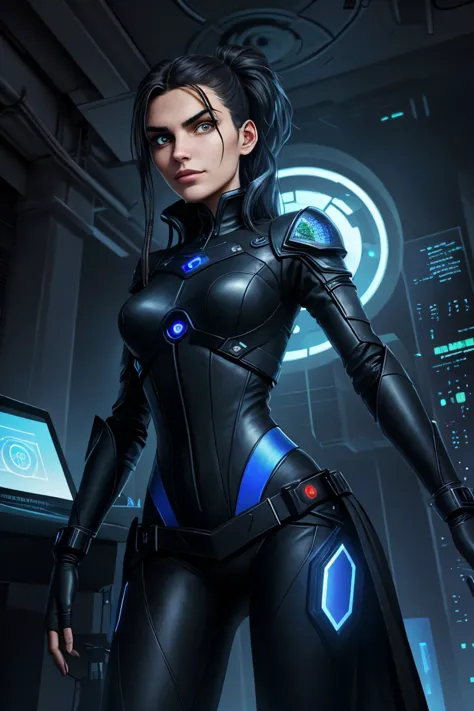 a woman in a futuristic suit standing in front of a computer