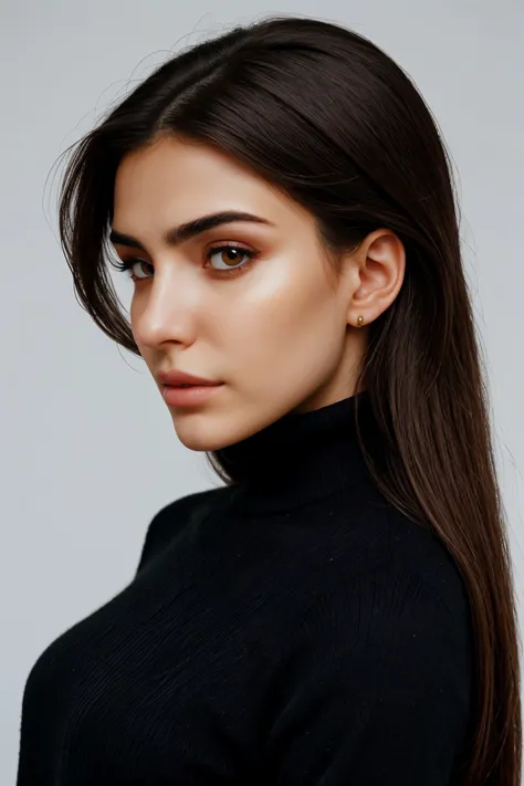 hyperrealistic rendition, ultra detailed, realistic, high definition, headshot of realistic photo of <lora:sd15_CharlotteDalessio_locon_24_v1:.9> CharlotteDalessio makeup, focus on face, side view wearing a turtleneck , her hair is styled as Straight Sleek and Straight,