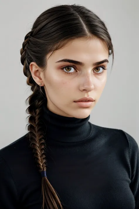 a woman with long hair in a black turtle neck sweater