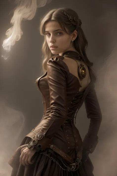 a woman in a steampunk dress with a cigarette in her hand