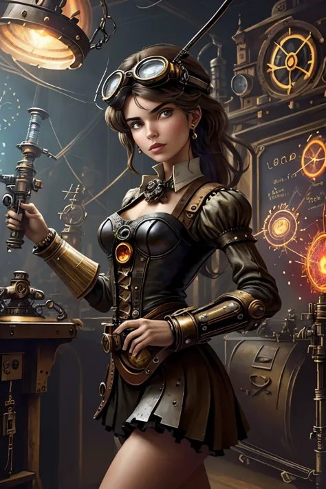 a woman in steam punk clothes holding a light and a machine