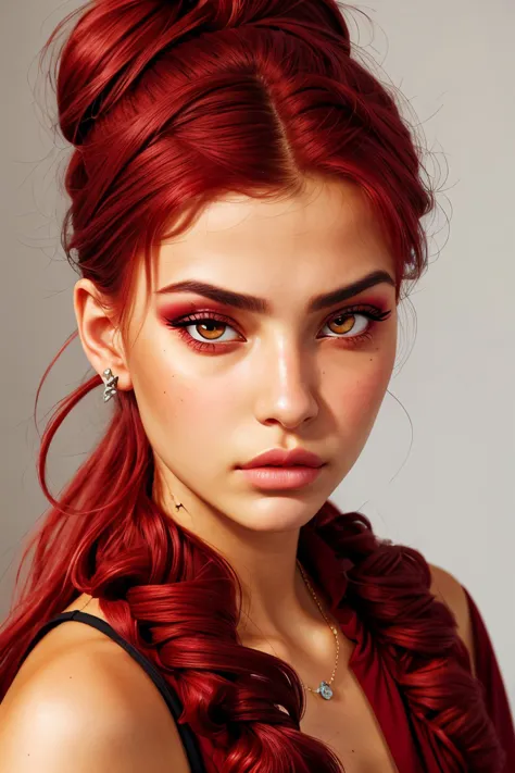 a woman with red hair and a braid updo