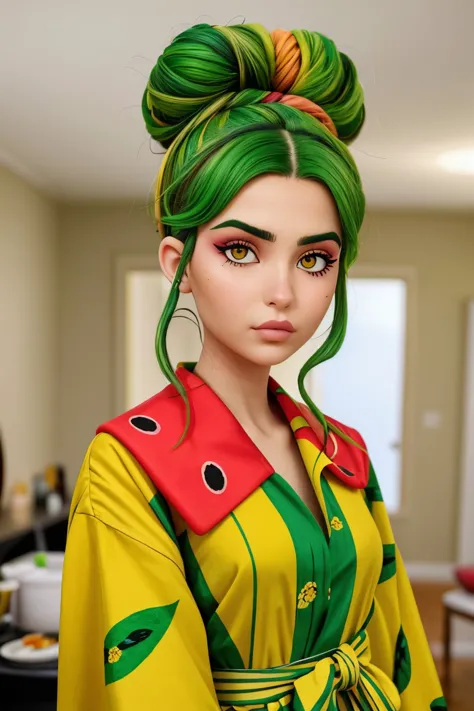 close range of realistic photo of <lora:sd15_CharlotteDalessio_locon_24_v1:.9> CharlotteDalessio makeup, focus on face, wearing a watermelon print kimono , her color yellow-green hair is styled as criss-cross bun,