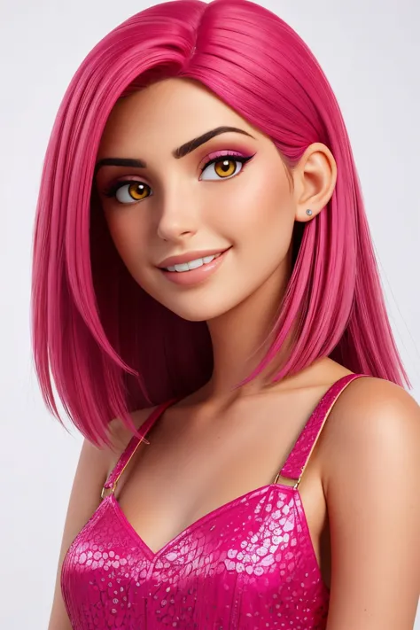 (medium shot:1.4), realistic photo of <lora:sd15_CharlotteDalessio_locon_24_v1:.9> CharlotteDalessio makeup, smile, light hot pink hair styled as straight blunt hair