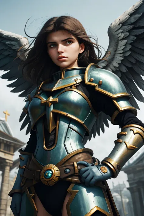 a woman in armor with wings standing in front of a building