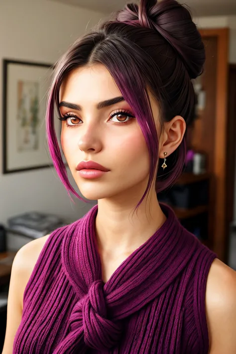 (long shot:1.4), realistic photo of <lora:sd15_CharlotteDalessio_locon_24_v1:.9> CharlotteDalessio makeup, deep fuchsia color hair styled as knotted bun