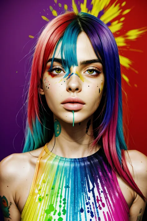 a woman with colorful hair and makeup with a rainbow paint on her face