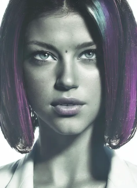 a close up of a woman with a purple and green hair