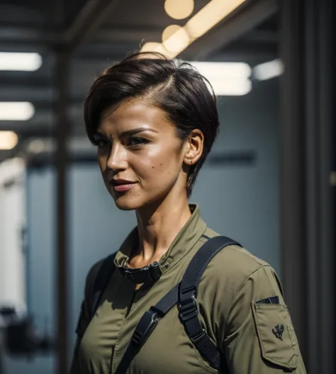 a close up of a woman with a backpack in a room