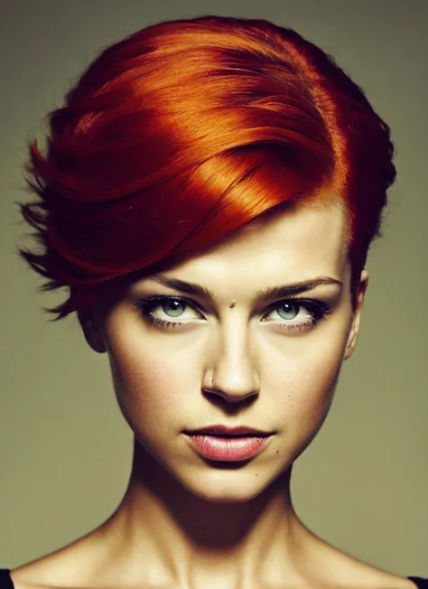 a woman with red hair and a black top posing for a picture