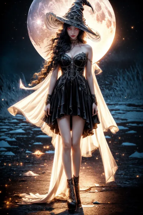 <lora:Moon Witch_20230831151742:0.8> , Moon Witch , witch hat , high heels, high resolution, cinematic light, best shadow, (shine), white pale skin, (black hair, long hair, head wings), (glowing eyes, red eyes), best quality, laughing and chatting, petite, cute, masterpiece, (casual),  high waist , (full body:1.3), (real picture, intricate details, depth of field), dynamic posture, (1girl,solo) , (magic circle), <lora:add_detail:0.8>, waves of ice, windspiral, gale ice, inner power, (dramatic, gritty, intense:1.4)