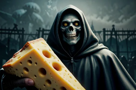 a close up of a person holding a piece of cheese with a skeleton face