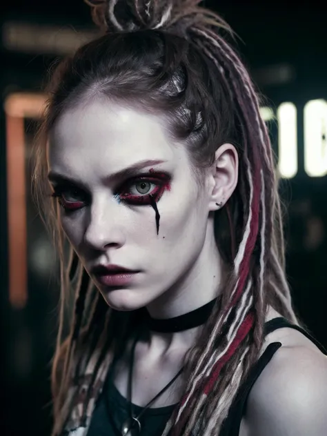 a close up of a woman with dreads and makeup on