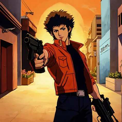 cowboy bebop,holding weapon,aim at viewer,
intricate detail,masterpiece,best quality,hightres,perfect shadow,