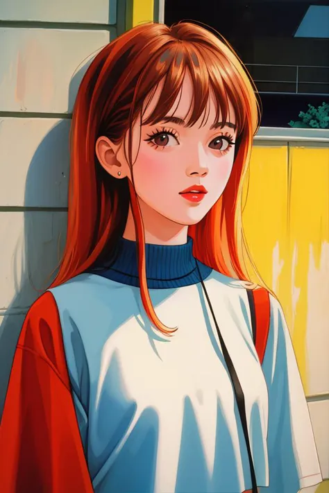 anime girl with red hair and blue shirt standing in front of a yellow wall