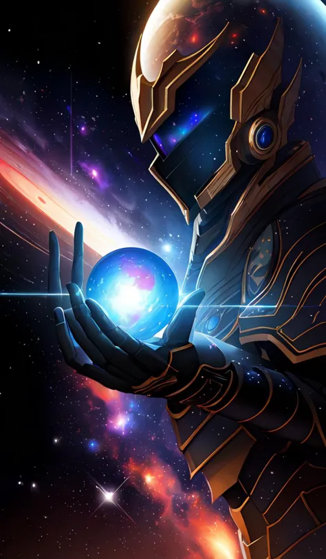 photorealistic fantasy cosmic concept art of a cosmic god with armor made out of planets and dark matter, hovering in a unknown ...