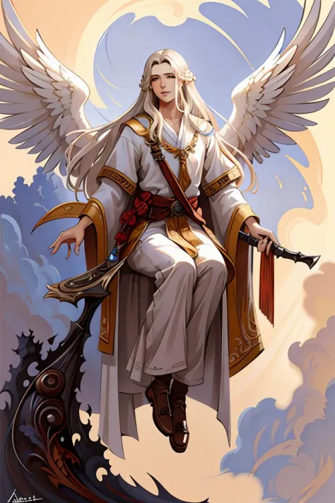the one - winged!!!!!!! angel male, long white hair, by daniel gerhartz, trending on artstation