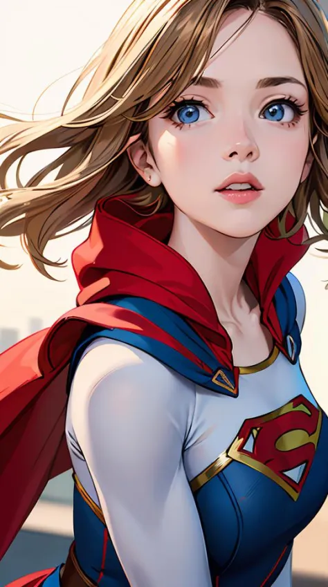 supergirl, hair blonde, cape red, realistic, (masterpiece:1.2) (photorealistic:1.2) (bokeh) (best quality) (intricate details) (...