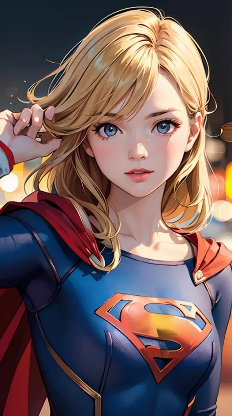 supergirl, hair blonde, cape red, realistic, (masterpiece:1.2) (photorealistic:1.2) (bokeh) (best quality) (intricate details) (...