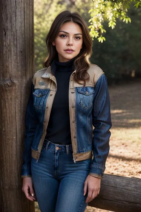 a woman in jeans and a jacket leaning against a fence