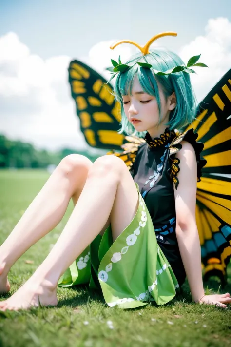 masterpiece, best quality,  1girl, wings, butterfly wings, dress, green dress, antennae, short hair, solo, leaf, fairy, aqua hair, closed eyes, leaf on head, barefoot, full body, knees up, short sleeves, blurry, multicolored dress