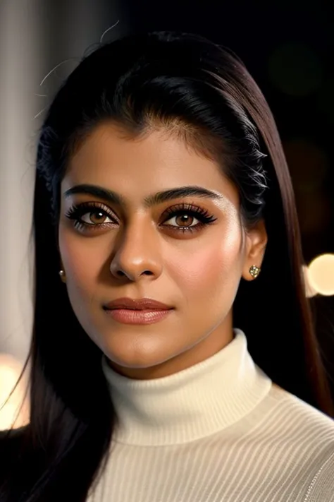 headshot photo of kajol, 30-year-old, skindentation, close up, glamor photo, natural skin color, night time bokeh,  turtleneck dress <lyco:kajol_lyco_locon:1>,