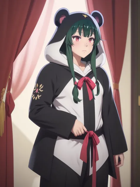 anime character dressed in black and white outfit with green hair