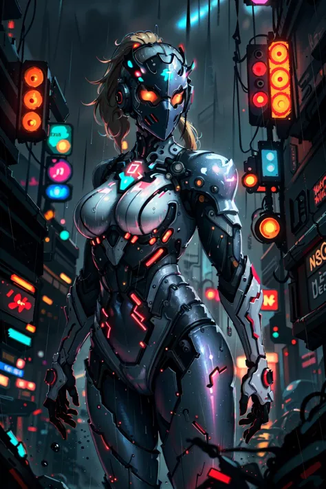 cyber woman in a futuristic city with a red light