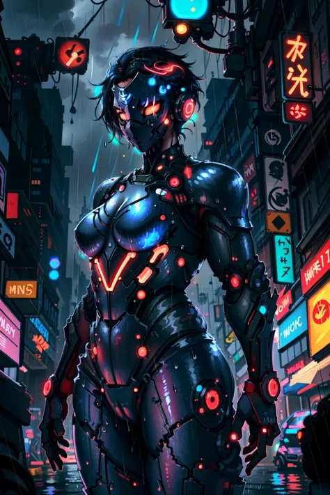 a woman in a futuristic suit standing in the middle of a city