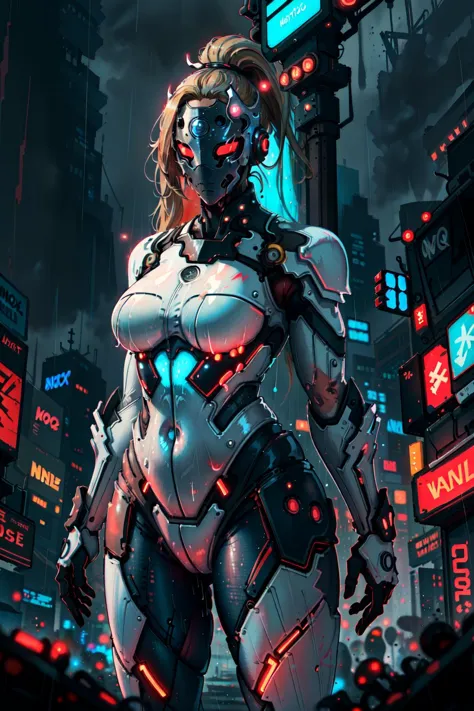 a woman in a futuristic suit standing in front of a neon city