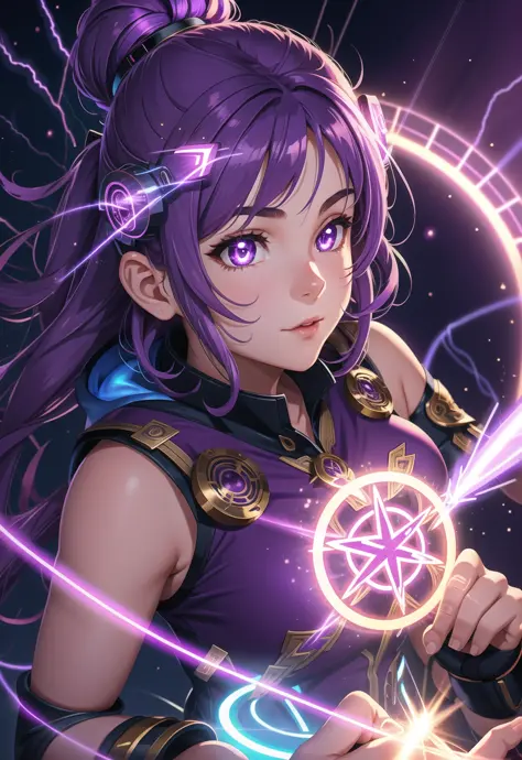 1girl, purple hair, symbol-shaped pupils, goddess of lightning, thunder, glowing, magic circle, backlighting, light particles, light rays, wallpaper,