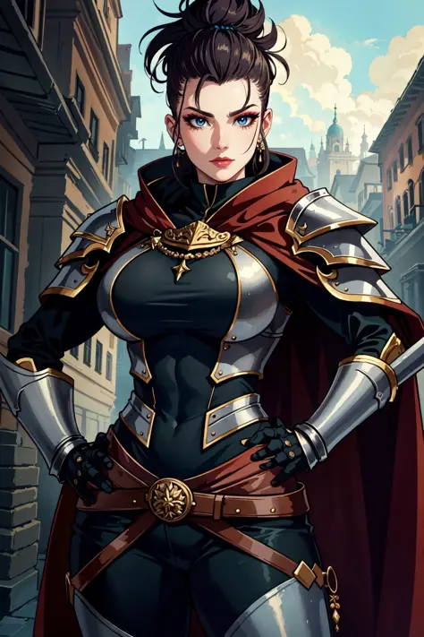 (masterpiece:1.2), (best quality:1.2), perfect eyes, perfect face, volumetric lighting, 1girl, tall mature female warrior, muscular, long hair, pompadour cut, heavy armor, huge pauldrons, gauntlets, cloak, belt, spear, leather pants, stern expression, makeup, lipstick, eyeshadow, mascara, thick eyelashes, dark fantasy, outdoor, detailed background, hand on hip