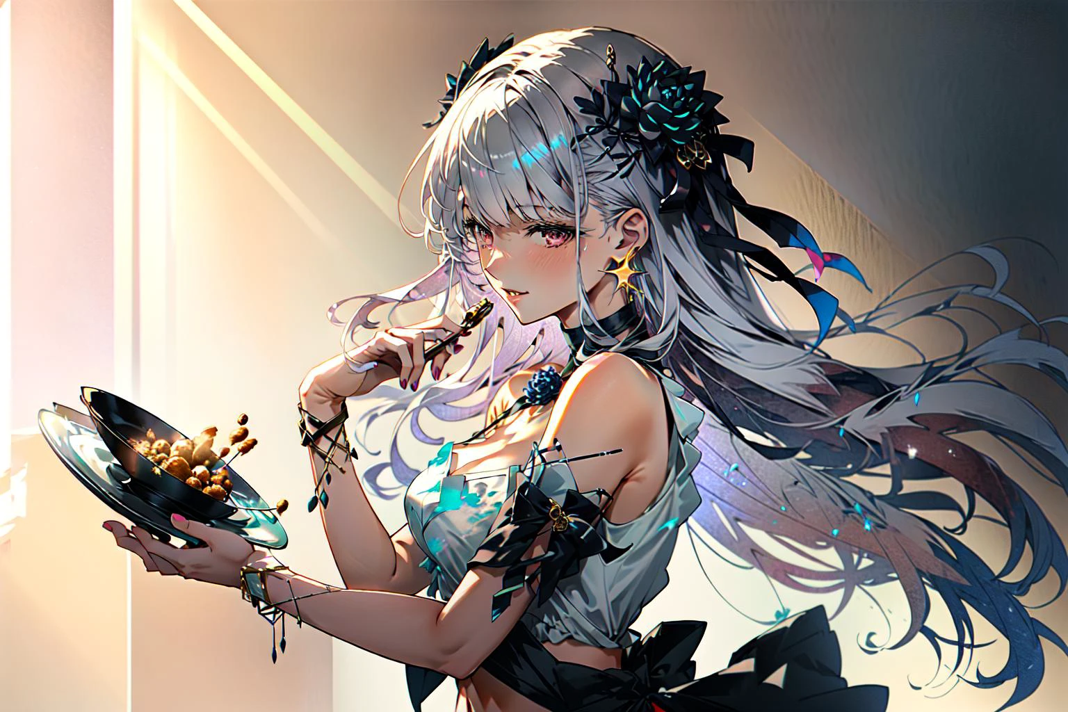 bare shoulders, blue fire,body markings, bracelet, breasts, earrings, fire, flower, hair flower, hair ornament, hair ribbon, jewelry, large breasts, long hair, lotus, nail polish, revealing clothes, ribbon, star earrings, thighs, two-tone hair, bangs, navel, apron, black_choker, black_shorts, choker, cooking, from_side, hair_ornament, holding, off_shoulder, plate, red_apron, shirt, short_shorts, shorts, smile, solo, streaked_hair, white_shirt, kitchen background, ((masterpiece)), ((best quality)), ((ultra-detailed)),  (intricate detail), (illustration), (Highest Quality, Amazing Details:1.4)