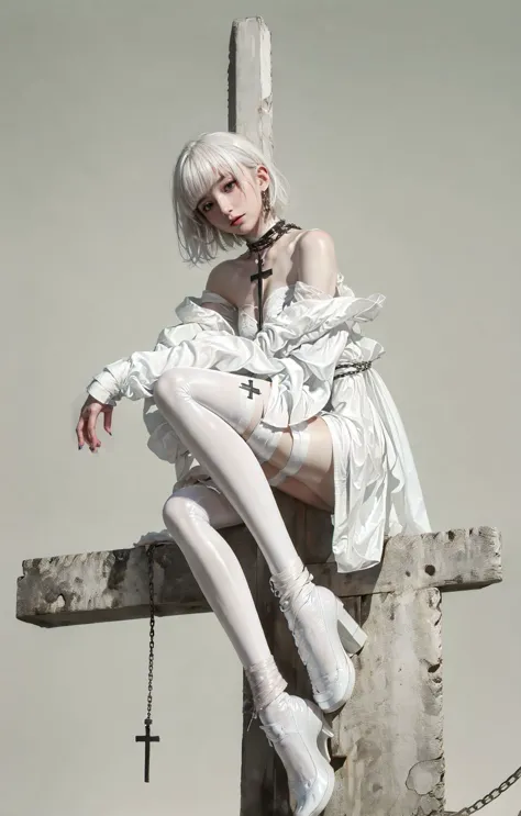 xuer the cross,1girl,solo,chain,thighhighs,sitting,short hair,white hair,looking at viewer,bare shoulders,head tilt,white thighhighs,cuffs,full body,white footwear,grey background,bound,bangs,high heels,off shoulder,white theme,long sleeves,latin cross,
<lora:~Q?-SA[Wg xuer the cross:0.8>,