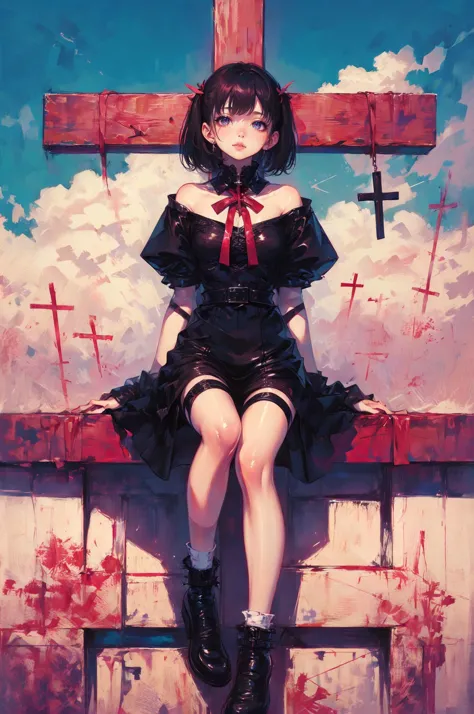 xuer the cross,1girl,solo,black hair,black footwear,ribbon,dress,looking at viewer,sitting,shoes,pink dress,realistic,pink ribbon,puffy sleeves,red lips,medium hair,socks,full body,short hair,latin cross,
<lora:~Q?-SA[Wg xuer the cross:0.8>,