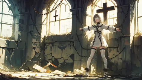 anime girl in a ruined building with a broken window